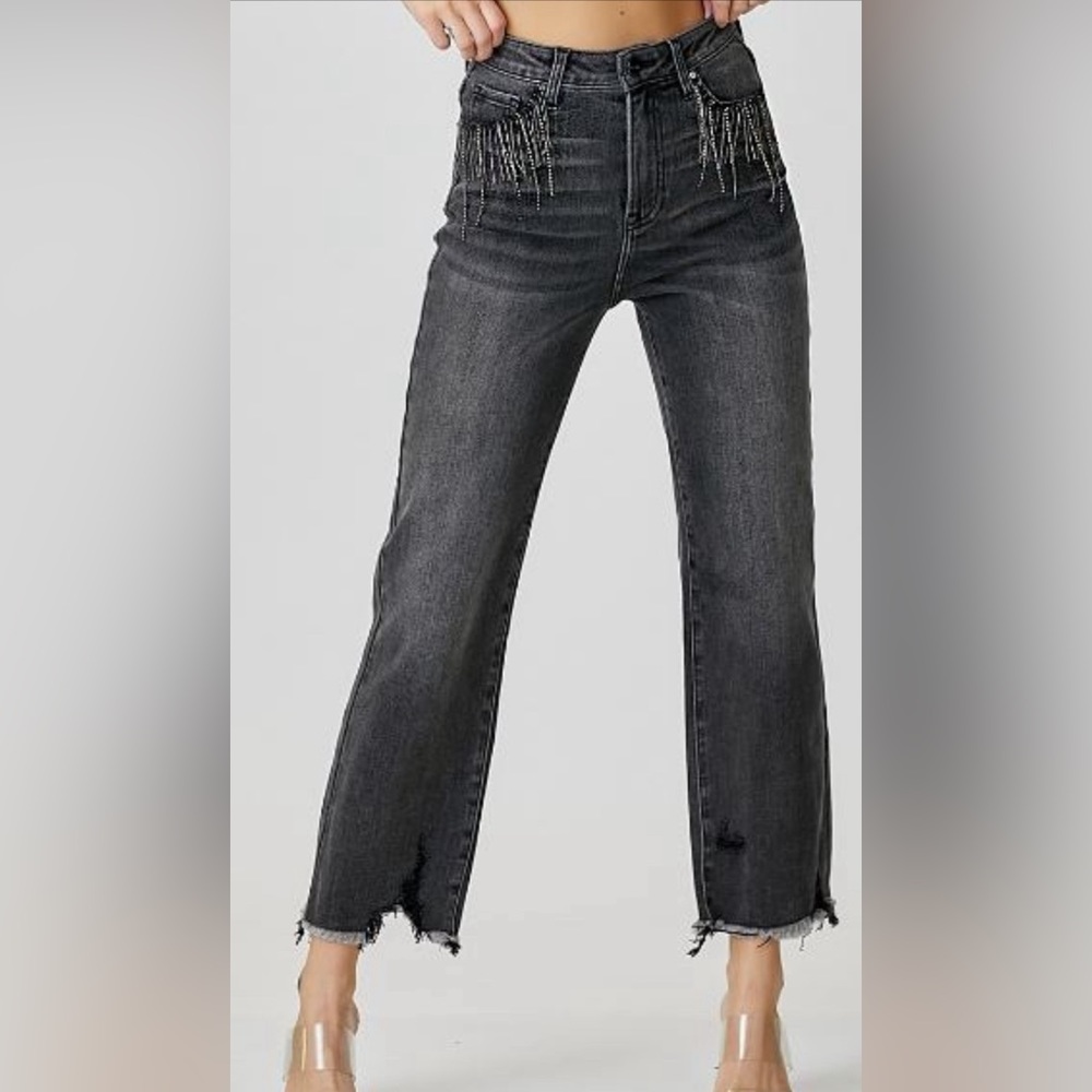 NWT -Risen Dark Gray High Rise Cropped Denim Jeans w/ Rhinstone Fringe - Sz 2XL